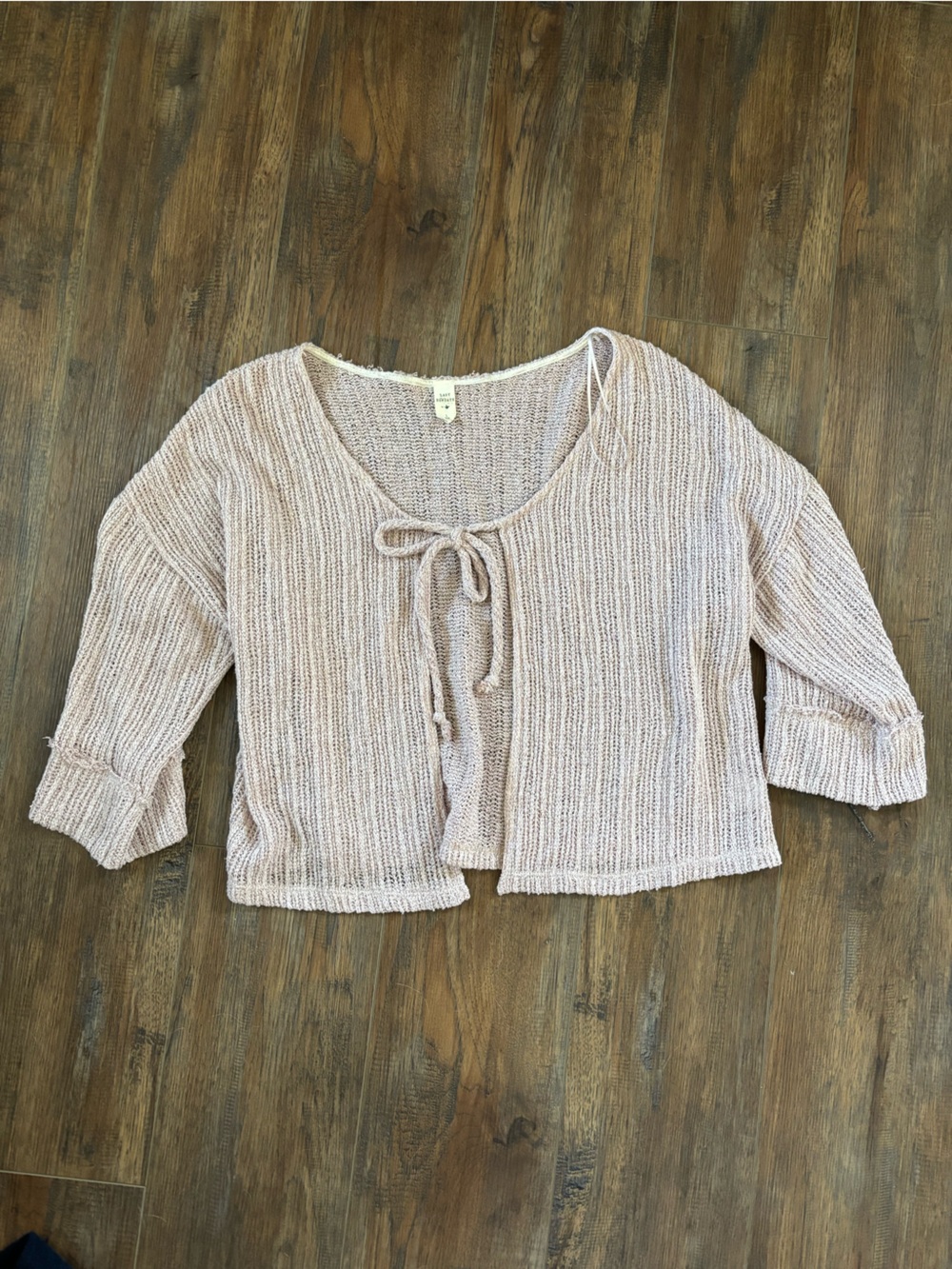 Light Pink/Taupe Open Front Tie-Neck Knit Top
